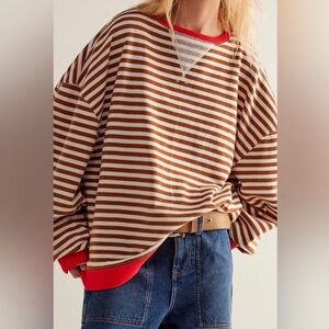 NEW Free People Classic Oversized Striped Crewneck Sweatshirt Coffee Combo XL